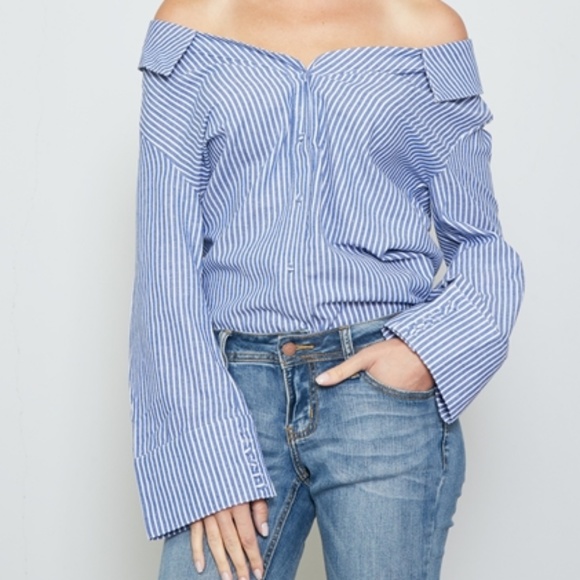 HAYLEY OFF THE SHOULDER BLUE BUTTON DOWN TOP - Picture 5 of 6